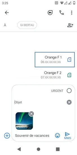 Étape 7 : Sélectionnez la carte SIM pour envoyer votre message ; dans notre exemple, sélectionnez la carte SIM 1 ou Orange F 1.