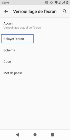 Étape 9 : Choisissez un mode de verrouillage (dans notre exemple, Balayer l’écran).