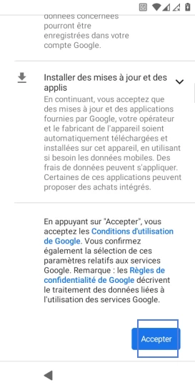 Étape 11 : Faites défiler et acceptez les différents services Google.
Par défaut, les services Google sont activés.