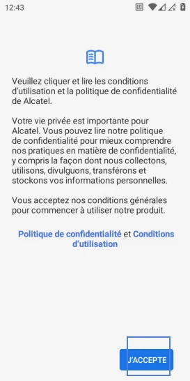 Étape 16 : Acceptez les conditions d'utilisation et la politique de confidentialité d'Alcatel.