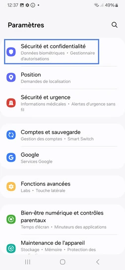 Étape 3 : Sélectionnez Sécurité et confidentialité.