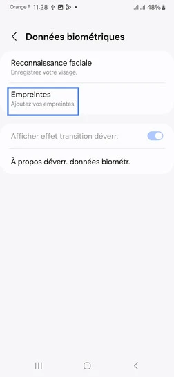 Étape 5 : Sélectionnez Empreintes.
sur l'écran suivant, saisissez soit le code PIN, soit le mot de passe, soit le schéma défini lors de l'activation.