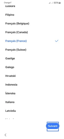 Étape 2 : Définissez une langue d'usage.Dans notre exemple, conservez le Français (surligné en bleu) et continuez avec Suivant.