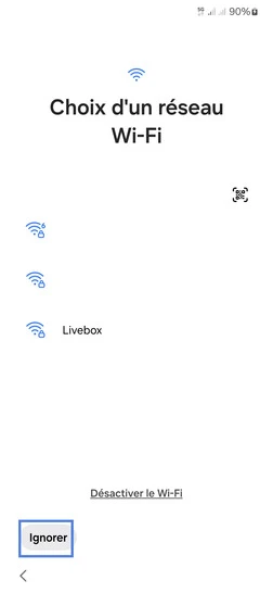 Étape 6 : Ignorez la connexion a un réseau wifi.
ici, une carte SIM est utilisée, vous aurez la possibilité de vous connecter à un réseau wifi plus tard.