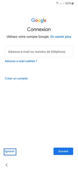 Étape 8 : Connexion à un compte Google, allez sur Ignorer.