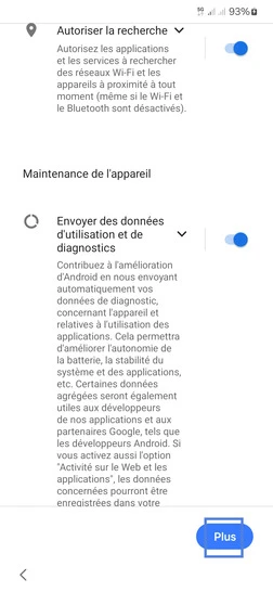 Étape 11 : Gérez les Services Google liés à la Maintenance de l'appareil et continuez avec Plus.