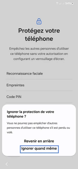 Étape 15 : L'écran affiche ensuite successivement Préparation de votre téléphone..., Veuillez patienter....
deux nouveaux écrans proposent la création d'un compte Samsung. Dans le cadre de notre démonstration, allez sur Vous avez oublié votre mot de passe ou vous n'avez pas de compte puis sur Configurer plus tard dans Paramètres).