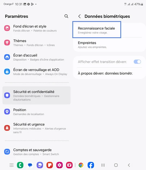 Étape 5 : Allez sur Reconnaissance faciale.