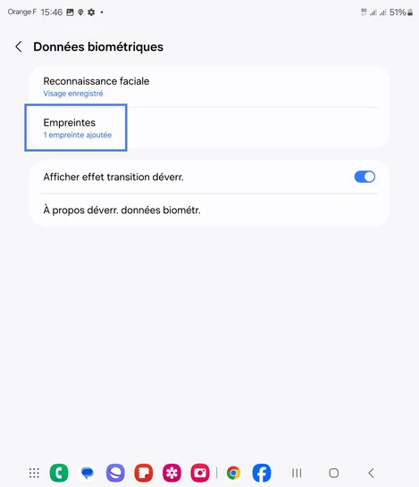 Étape 5 : Choisissez Empreintes.
sur l'écran suivant, confirmez l'autre type de verrouillage (mot de passe, code PIN ou modèle).