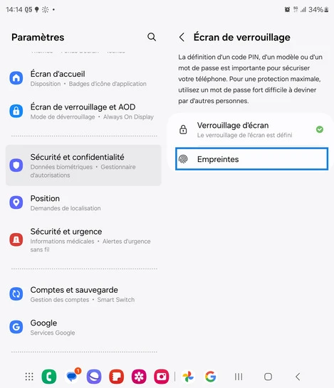 Étape 5 : Sélectionnez Empreintes.
un encart apparaît ensuite, renseignez le code PIN/mot de passe/schéma enregistré lors de l'activation initiale.