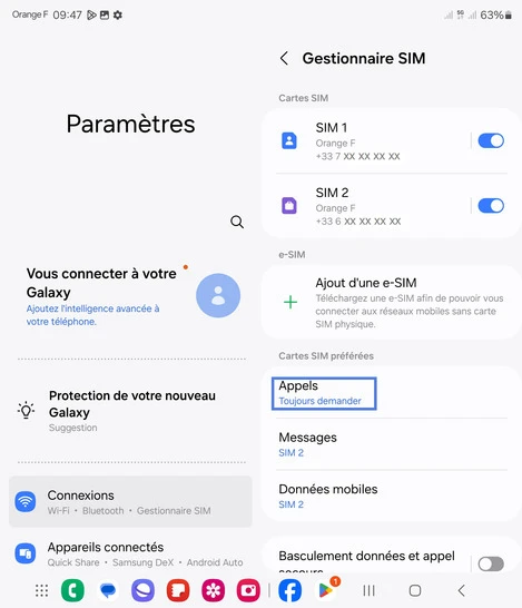 Étape 5 : Dans la zone Cartes SIM préférées, allez sur Appels.
