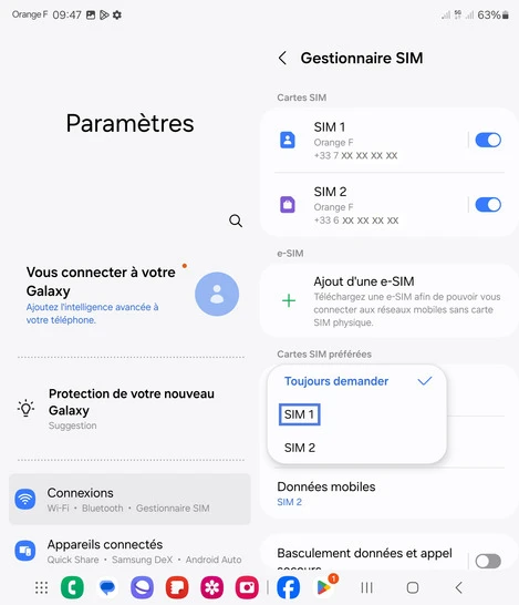 Étape 6 : Sélectionnez l'autre SIM. Ici, SIM 1.