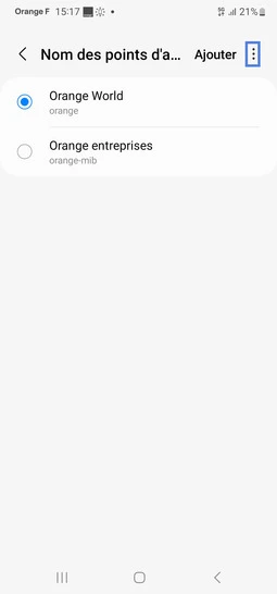 Étape 6 : Sélectionnez l'icône Options du Profil Orange World activé.
le profil Orange World contient les paramètres pour vous permettre d'accéder à internet et d'envoyer des messages.