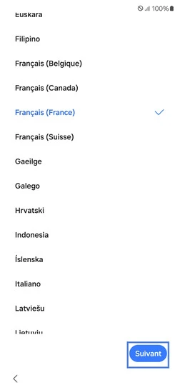 Étape 2 : Choisissez la langue d'utilisation (exemple Français) puis poursuivez avec Suivant.
accessoirement associée à un(e) pays/région.