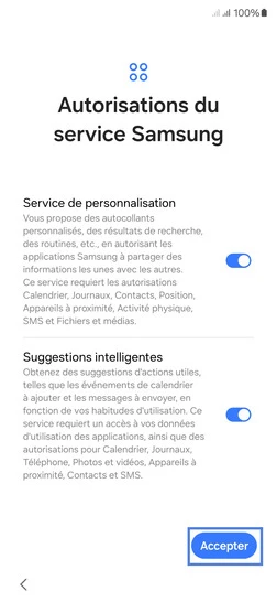 Étape 12 : Autorisations du service Samsung, allez sur Accepter.