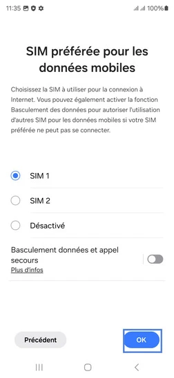 Étape 18 : SIM préférée pour les données mobiles, définissez une carte SIM et validez avec OK.