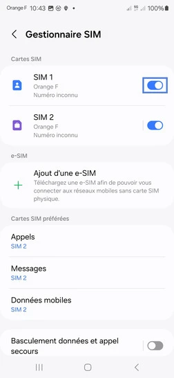 Étape 5 : Faites glisser le curseur vers la gauche de la carte SIM (exemple SIM 1) pour la désactiver.