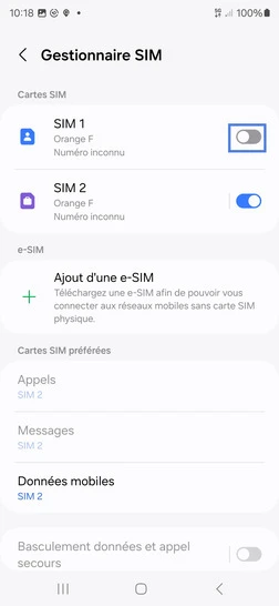 Étape 5 : Faites glisser le curseur vers la droite de la carte SIM (exemple SIM 1) pour l'activer.