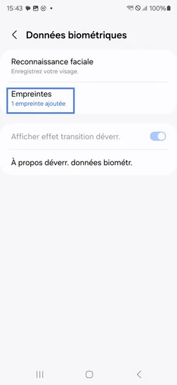 Étape 5 : Sélectionnez Empreintes.Saisissez le code, mot de passe ou schéma créé précédemment.