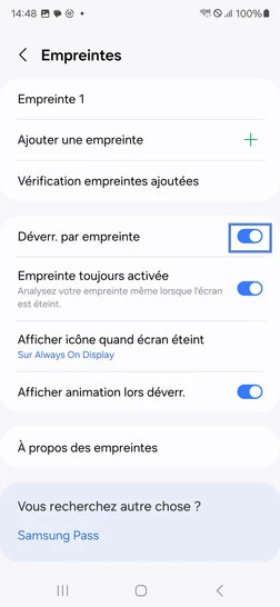 Étape 6 : Sélectionnez le bouton virtuel correspondant à Déverr. par empreinte il glisse vers la gauche lors de la désactivation et devient grisâtre.
