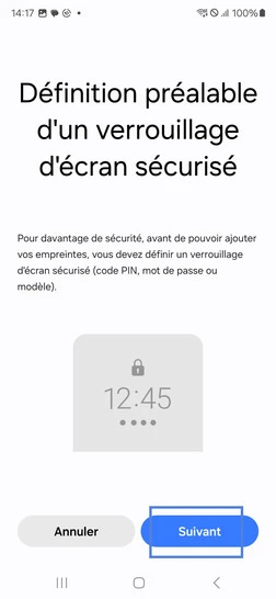 Étape 7 : Définition préalable d'un verrouillage d'écran sécurisé : allez sur Suivant.