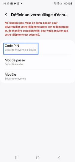 Étape 8 : Par la suite, définissez un PIN et confirmez-le (même chose, si schéma ou mot de passe).
ce code vous sera demandé si l'empreinte faciale n'est pas reconnue ou bien au démarrage après extinction.