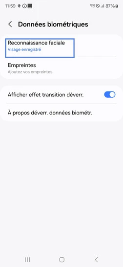 Étape 5 : Allez sur Reconnaissance faciale.Un nouvel écran apparaît et demande de renseigner le code/mot de passe/schéma initialement défini.