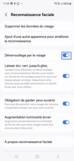 Étape 6 : Sélectionnez le bouton virtuel correspondant à Déverrouillage par le visage (il glisse vers la gauche lors de la désactivation).