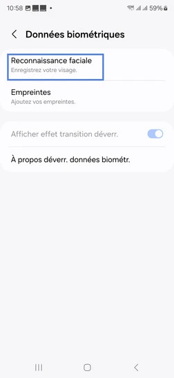 Étape 5 : Allez sur Reconnaissance faciale.