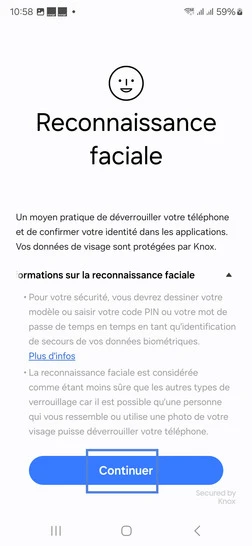 Étape 6 : Pressez Continuer après avoir lu les informations relatives à la Reconnaissance faciale.