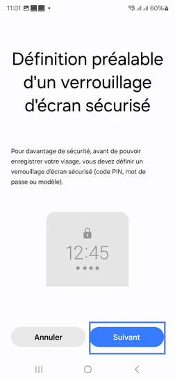 Étape 7 : Définition préalable d'un verrouillage d'écran sécurisé : allez sur Suivant.