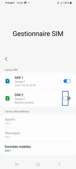 Étape 5 : Allez sur le bouton virtuel correspondant à la SIM désactivée (ici, notre exemple, SIM2).
