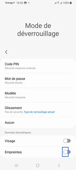 Étape 5 : Sélectionnez le bouton virtuel correspondant à Empreintes pour définir un mode de déverrouillage et lancez la procédure d'enregistrement.