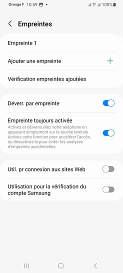Étape 13 : L'empreinte est enregistrée. Le déverrouillage du mobile par empreinte digitale est activé.Cliquez sur Ajouter une empreinte si vous voulez en enregistrer une deuxième.Il vous faudra recommencer la manipulation.Nous sommes là pour vous accompagner dans chaque étape et nous assurons que vos données restent protégées.