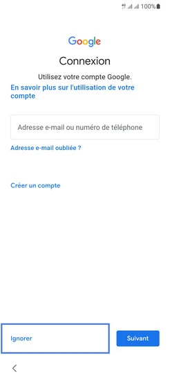 Étape 7 : Utilisation d'un compte Google : dans notre exemple, sélectionnez Ignorer.
vous pourrez le configurer ultérieurement.