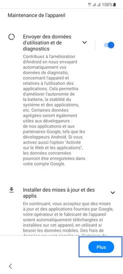 Étape 10 : Gérez les Services Google liés à la Maintenance de l'appareil et continuez avec Plus.