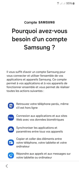 Étape 16 : Information sur le compte Samsung ; allez sur Ignorer.