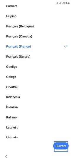 Étape 2 : Définissez une langue d'usage.Dans notre exemple, conservez le Français (surligné en bleu) et continuez avec Suivant.