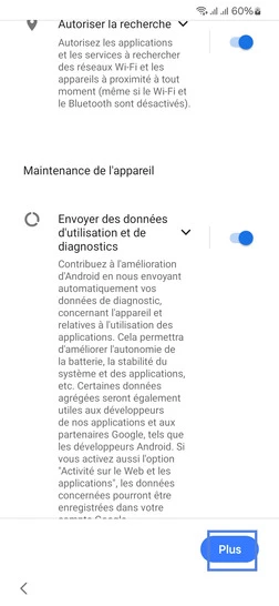Étape 11 : Gérez les Services Google liés à la Maintenance de l'appareil et continuez avec Plus.