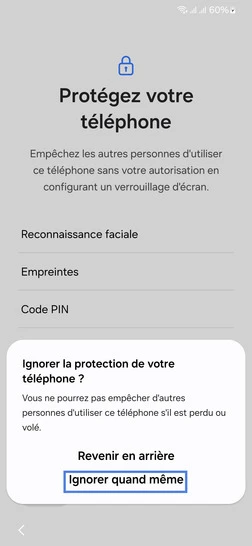 Étape 15 : L'écran affiche ensuite successivement Préparation de votre téléphone... , Veuillez patienter... .
deux nouveaux écrans proposent la création d'un compte Samsung. Dans le cadre de notre démonstration, allez sur Vous avez oublié votre mot de passe ou vous n'avez pas de compte puis sur Configurer plus tard dans Paramètres).