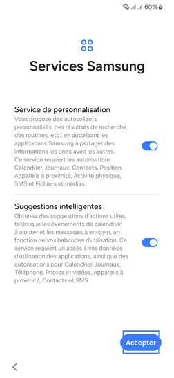 Étape 17 :  Consultez et gérez les Services Samsung; validez avec Accepter.