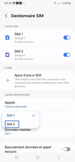 Étape 6 : Choisissez l'autre carte SIM.
dans notre exemple, SIM 2.
