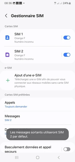 Étape 7 : La carte SIM 2 est maintenant définie par défaut pour l'envoi de vos SMS. Un message de confirmation s'affichera brièvement.Nous espérons que ces instructions vous ont été utiles. Chez Orange, nous sommes engagés à vous offrir une expérience fluide et intuitive.