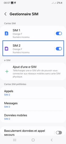 Étape 5 : Définissez la carte SIM à renommer (ici, SIM 2).
appuyez sur le libellé.