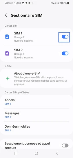 Étape 5 : Sélectionnez le bouton virtuel correspondant à la carte SIM à désactiver.
dans le cadre de notre démonstration, la SIM 1.