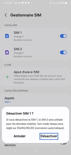 Étape 6 : Confirmez votre choix avec Désactiver.