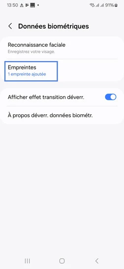Étape 5 : Sélectionnez Empreintes.
sur l'écran suivant, saisissez soit le code PIN, soit le mot de passe, soit le schéma défini lors de l'activation.