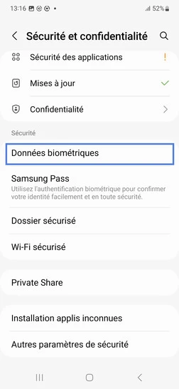 Étape 4 : Sélectionnez Données biométriques.