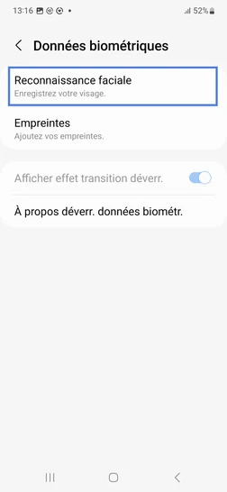 Étape 5 : Allez sur Reconnaissance faciale.
