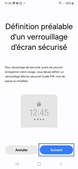 Étape 7 : Définition préalable d'un verrouillage d'écran sécurisé, allez sur Suivant.